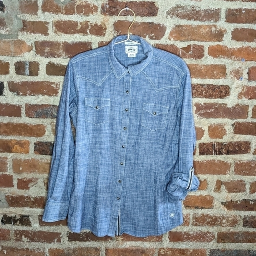 Ariat XL Fitted Blue Long Roll Sleeve Shirt w/ Snap Front & Decorative Stitching - Picture 1 of 13